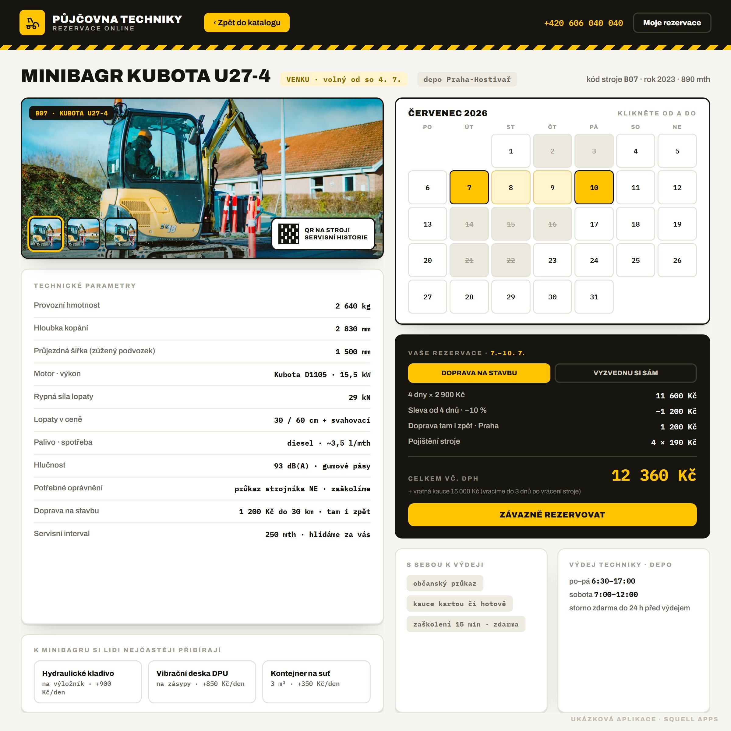 Rezervační portál půjčovny techniky — Detail stroje a rezervace