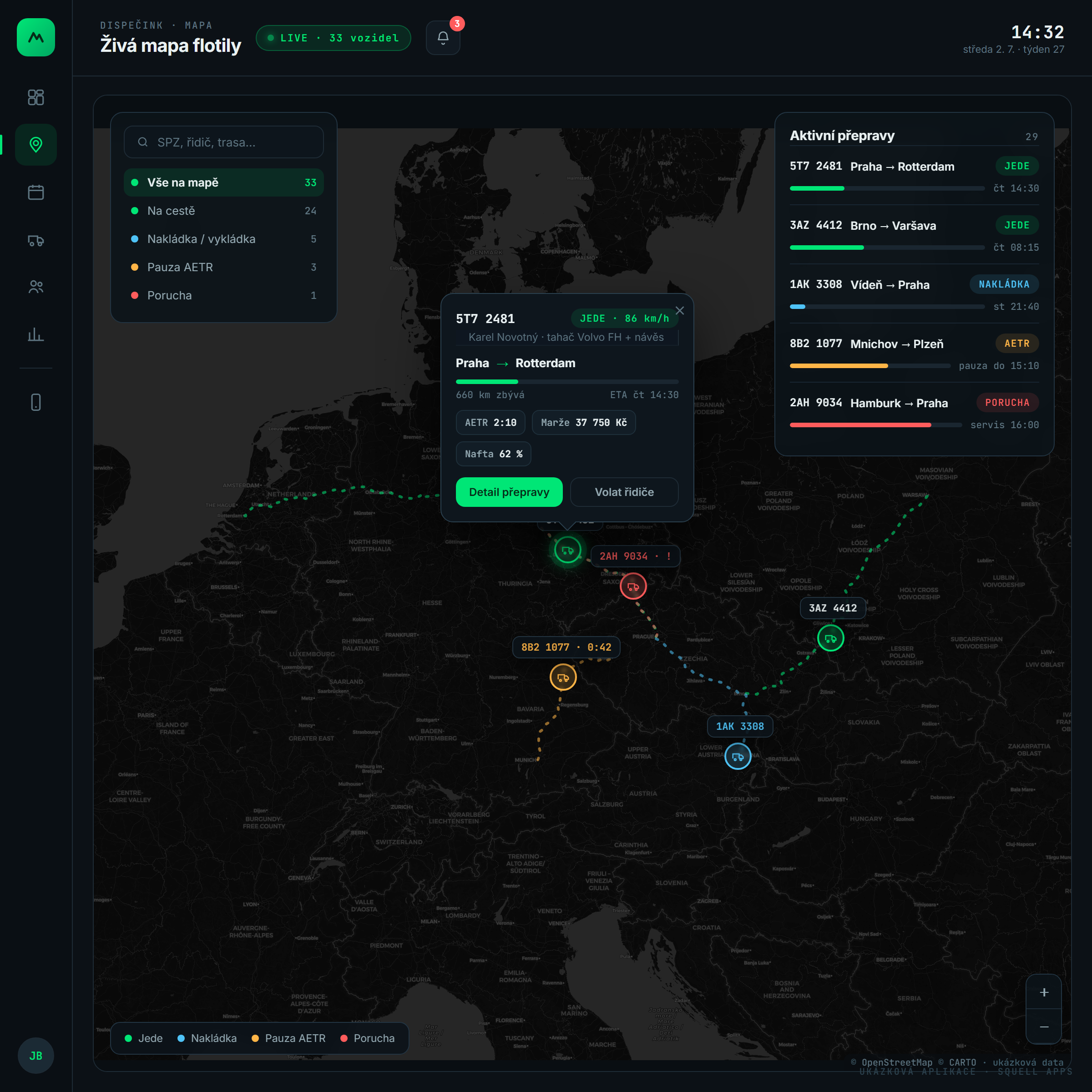 Dispečerský velín pro autodopravu — Živá mapa Evropy